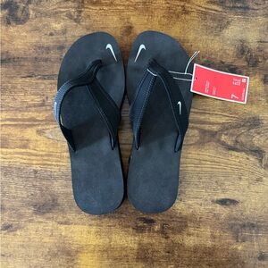 Nike Black Flip-Flop Thong Sandals with White Swoosh